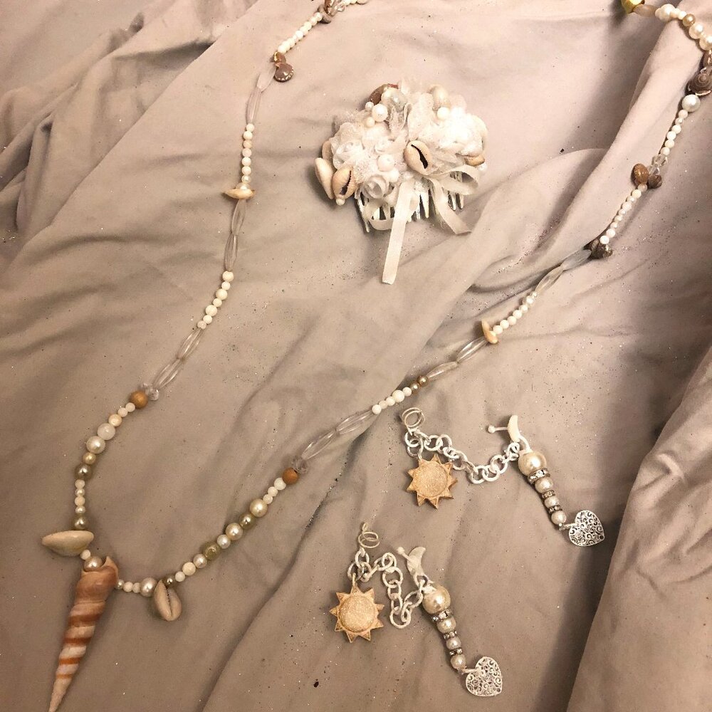 bundle shell pearl necklace, hair comb, earring set